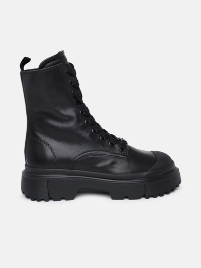 Hogan H619 Black Leather Combat Boots