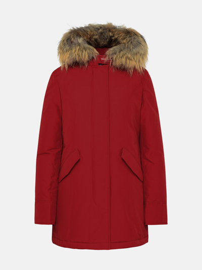 Woolrich Red Cotton Blend Arctic Raccooon Parka