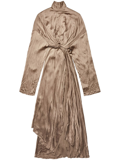 Balenciaga Ruched Bb-jacquard Silk Dress In Beige