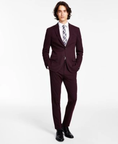 Calvin Klein Mens Slim Fit Solid Knit Suit Jacket Pants In Burgundy Solid