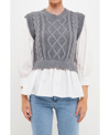 English Factory Mixed Media Cable Detail Sweater In Heather Grey/white