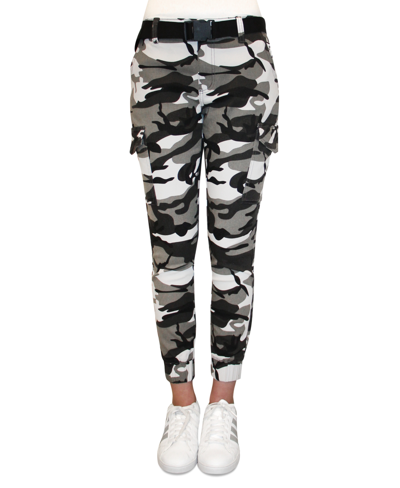 Almost Famous Crave Fame Juniors' High-rise Belted Cargo Pants In Black Camo