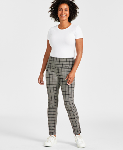 Style & Co Petite Houndstooth High-rise Ponte-knit Pants, Created For Macy's In Deep Black