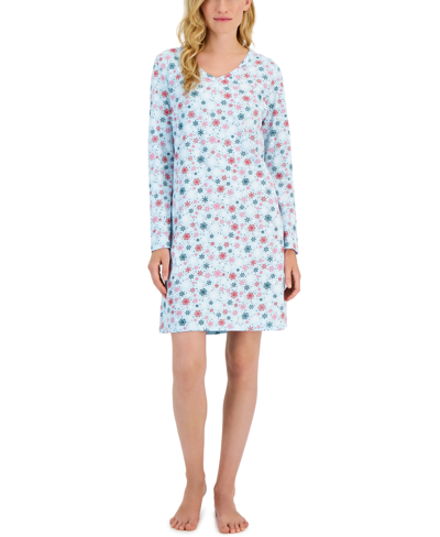 Charter Club Women's Cotton Long-sleeved Printed Sleepshirt, Created For Macy's In Multi Snowflake