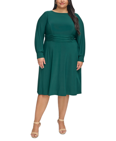 Jessica Howard Plus Size Ruched-waist Long-sleeve Midi Dress In Hunter