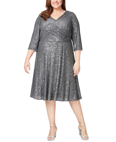Alex Evenings Plus Size Sequined 3/4-sleeve Midi Dress In Charcoal
