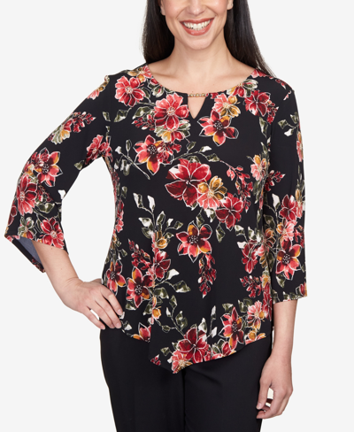 Alfred Dunner Plus Size Classics Tossed Floral Pointed Hem Top In Black