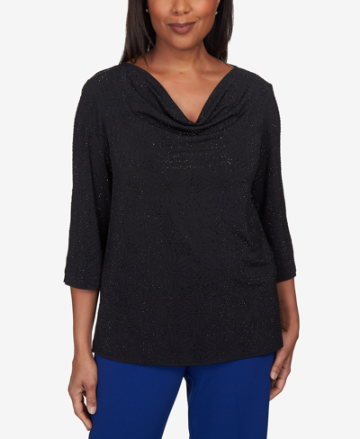 Alfred Dunner Petite Downtown Vibe Shimmery Cowl Neck Top In Onyx
