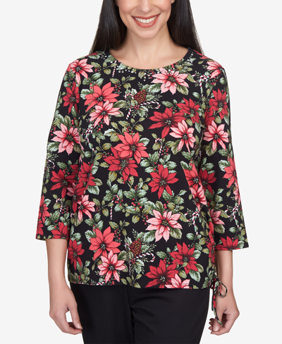 Alfred Dunner Plus Size Classics Poinsettia And Candy Canes Crew Neck Top In Black