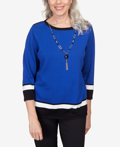 Alfred Dunner Women's Classics Border Stripe Crew Neck Sweater With Necklace In Sapphire