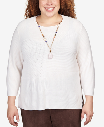 Alfred Dunner Plus Size Autumn Weekend Solid Texture Split Hem Sweater With Necklace In Ivory