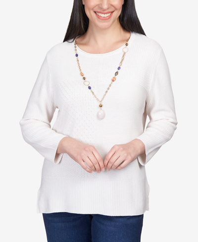 Alfred Dunner Women's Autumn Weekend Solid Texture Split Hem Sweater With Necklace In Ivory
