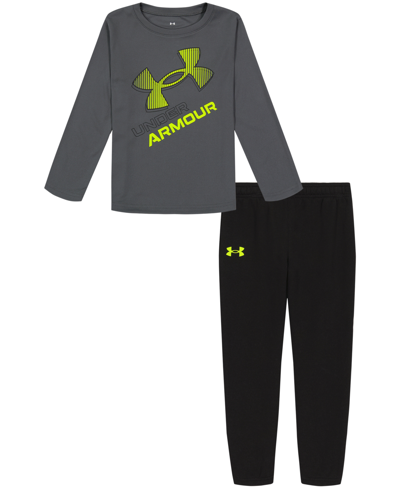 Under Armour Little Boys Big Logo Pop Long Sleeve T-shirt And Joggers Set In Pitch Gray