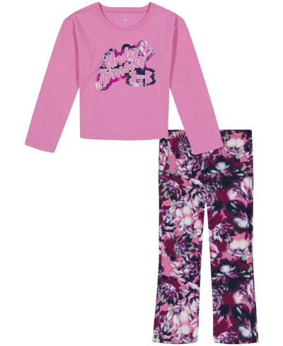 Under Armour Little Girls Frosted Bloom Script Logo Long Sleeve T-shirt And Flare Leggings Set In Island Orchid
