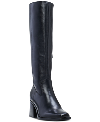 Vince Camuto Sangeti Snip-toe Block-heel Wide-calf Tall Boots In Black Leather