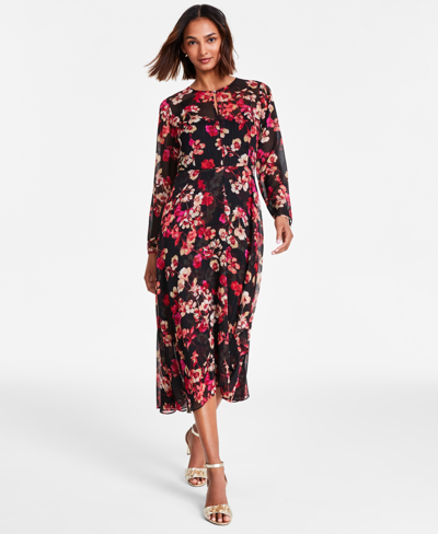navy blue dress for baby girl Tommy Hilfiger Women's Long-sleeved Paper Poppy Printed Chiffon A-line Dress  In Black Multi