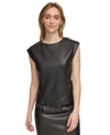 Calvin Klein Womens Faux Leather Cap Sleeve Shell In Black