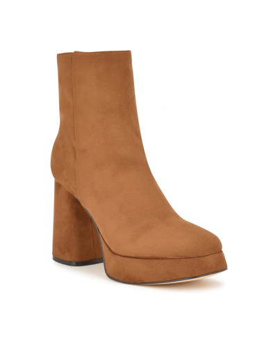 Nine West Women's Velo Flared Block Heel Platform Dress Booties In Medium Brown - Faux Suede