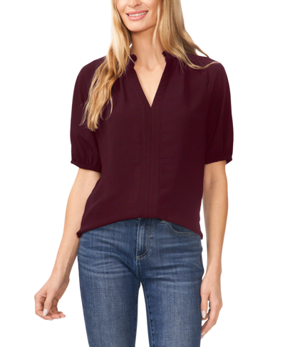 Cece Women's Short Sleeve Ruffle Neck Raglan Split Neck Blouse In Rich Cabernet