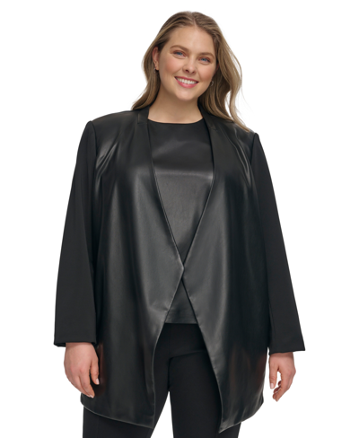 Calvin Klein Plus Size Mixed-media Long-sleeve Jacket In Black