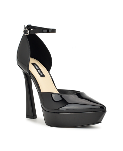 Nine West Women's Laken Tapered Heel Ankle Strap Dress Pumps In Black Patent - Faux Patent Leather