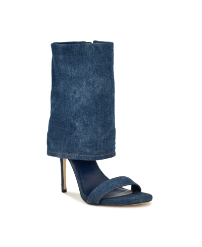 Nine West Women's Macken Stiletto Almond Toe Dress Sandals In Dark Blue Denim- Textile