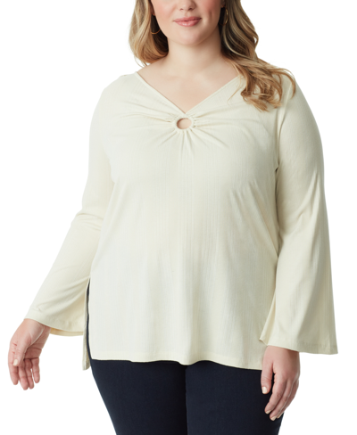 Jessica Simpson Plus Size Jasleen Keyhole Bell-sleeve Ribbed Tunic Top In Parchment