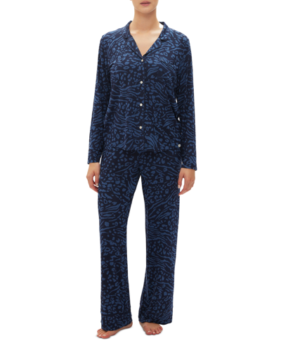 Gap Body Women's 2-pc. Notched-collar Long-sleeve Pajamas Set In Blue Animal Print