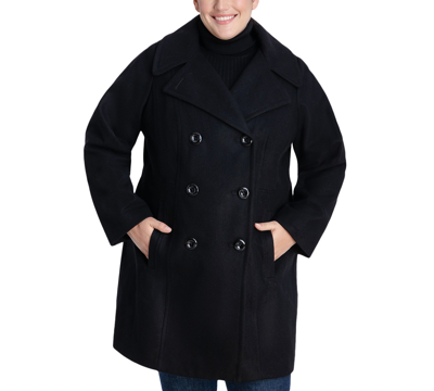 Anne Klein Women's Plus Size Notched-collar Double-breasted Peacoat, Created For Macy's In Black