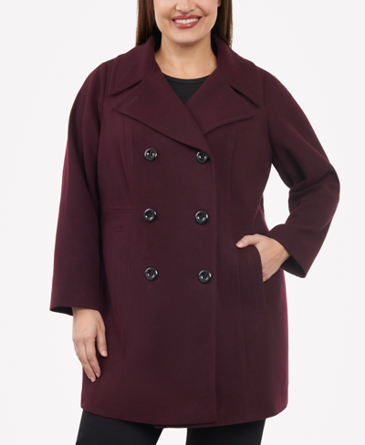 Anne Klein Women's Plus Size Notched-collar Double-breasted Peacoat, Created For Macy's In Merlot