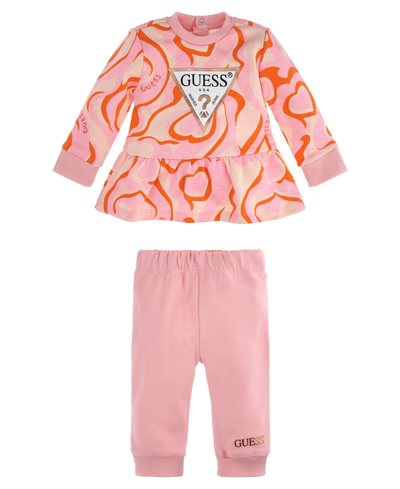 Guess Baby Girls All Over Print Peplum Top And Joggers, 2 Piece Set In Pink