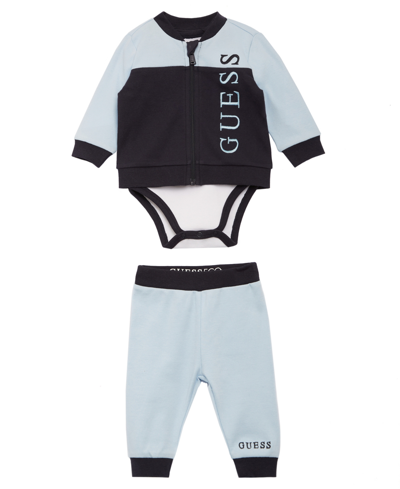 Guess Baby Boys Logo Bodysuit, Sweatshirt And Joggers, 3 Piece Set In Blue