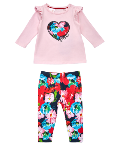 Guess Baby Girls Top And Floral Print Leggings, 2 Piece Set In Pink
