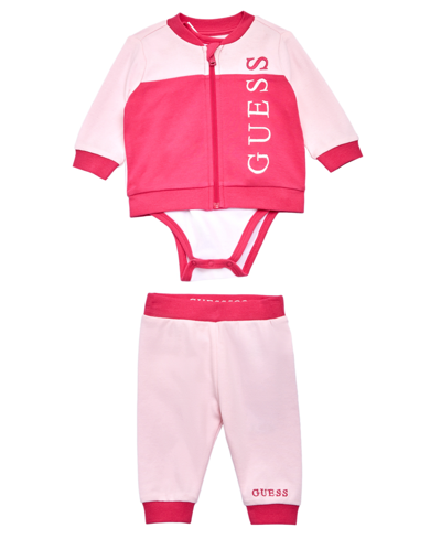 Guess Baby Girls Logo Bodysuit, Sweatshirt And Joggers, 3 Piece Set In Pink