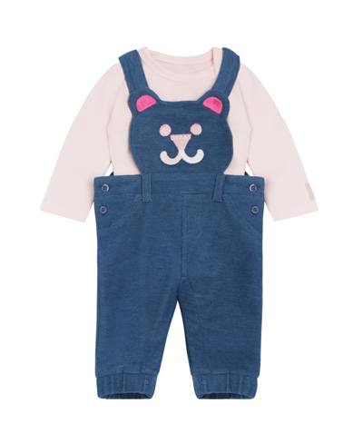 Guess Kids' Baby Girls Bodysuit And Knit Denim Bear Overall, 2 Piece Set In Pink