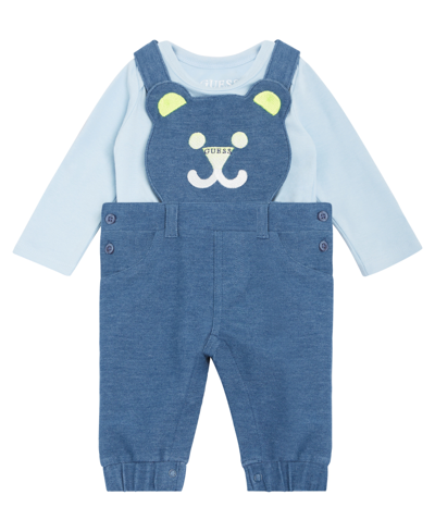 Guess Kids' Baby Boys Bodysuit And Knit Denim Bear Overall, 2 Piece Set In Blue
