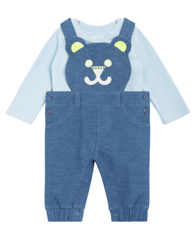 Guess Baby Boys Bodysuit And Knit Denim Bear Overall, 2 Piece Set In Blue