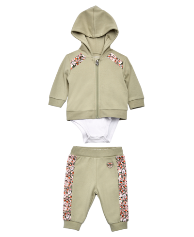 Guess Baby Girls Bodysuit, Full Zip Sweater And Joggers, 3 Piece Set In Green