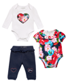 GUESS BABY GIRLS FLORAL BODYSUITS AND KNIT DENIM JOGGERS, 3 PIECE SET