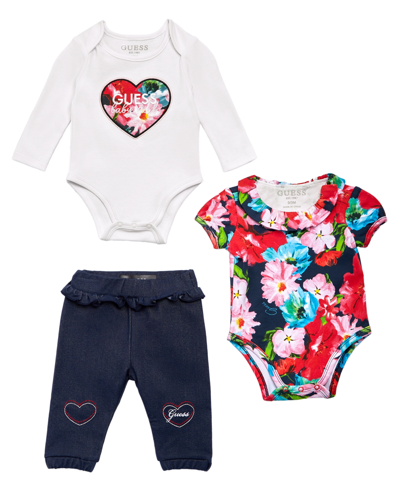 Guess Baby Girls Floral Bodysuits And Knit Denim Joggers, 3 Piece Set In Pink