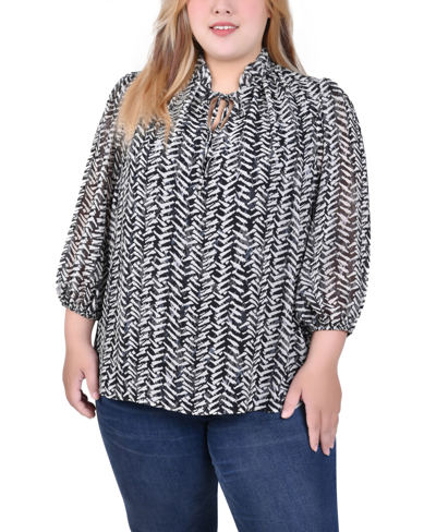 Ny Collection Plus Size 3/4 Sleeve Chiffon Blouse In Black White Chervon