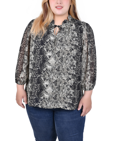 Ny Collection Plus Size 3/4 Sleeve Chiffon Blouse In Black Snakeskin