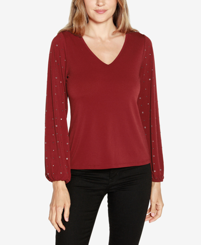 Belldini Black Label Women's Embellished Blouson Sleeve Top In Cranberry