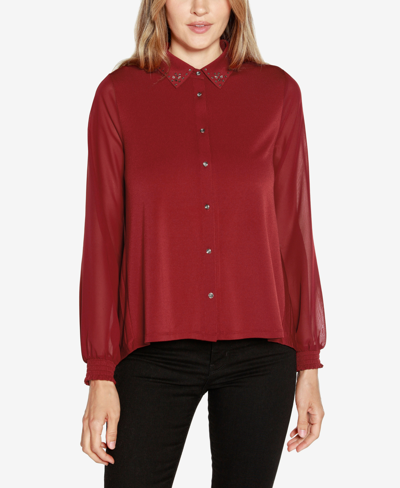 Belldini Black Label Women's Pleated Back Embellished Top In Cranberry