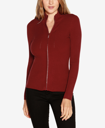Belldini Black Label Mock Neck Ribbed Sweater Zip Up In Cranberry