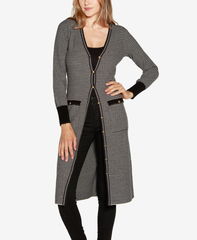 Belldini Women's Black Label Striped Button-front Duster Sweater In Heather Charcoal Combo