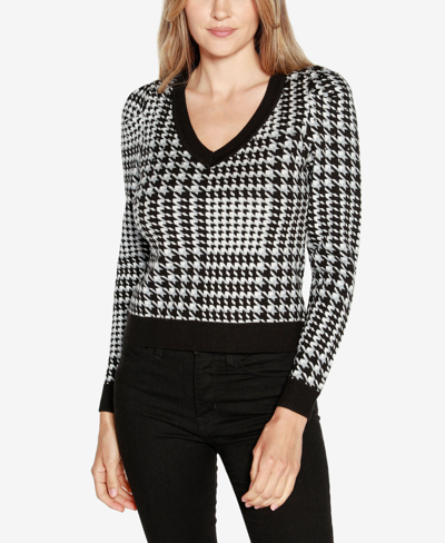 Belldini Black Label Women's Houndstooth Puff Sleeve Sweater In Black Combo
