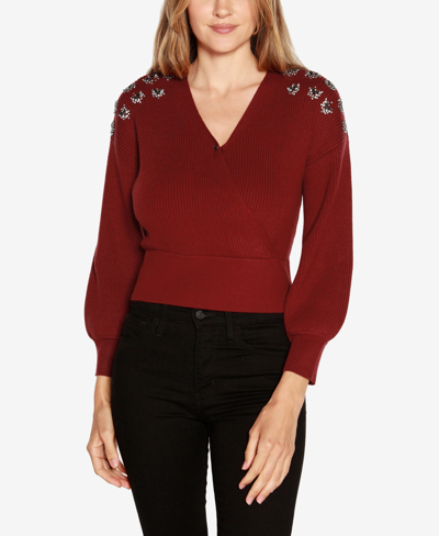 Belldini Black Label Women's Embellished Drop Shoulder Wrap Sweater In Cranberry