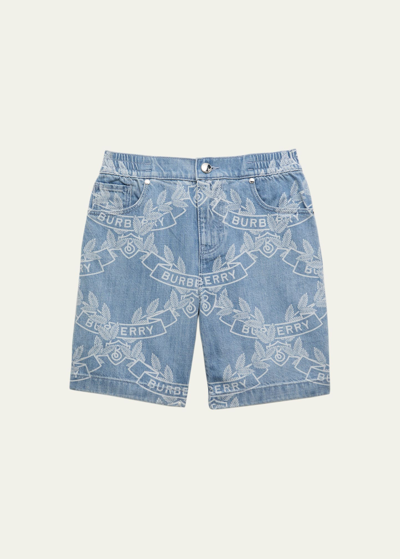 Burberry Kids' Oak Leaf Crest Print Denim Shorts In Pale Blue