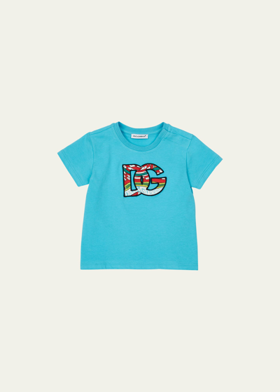 Dolce & Gabbana Kid's Carretto Embroidered Interlocked Logo T-shirt In Torquoise